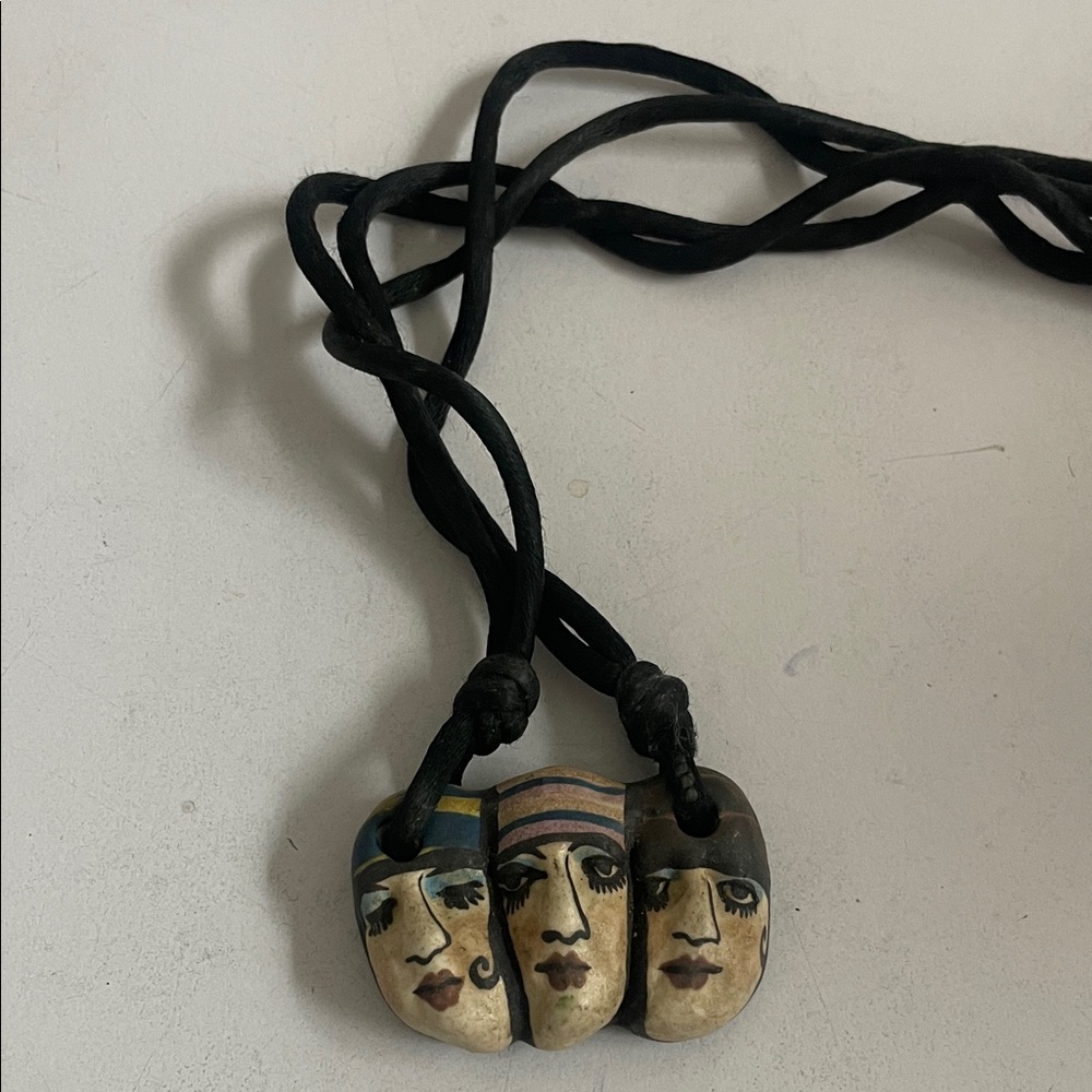 Source Unknown Three-Face Ceramic Pendant Necklace in Black and Earth Tones